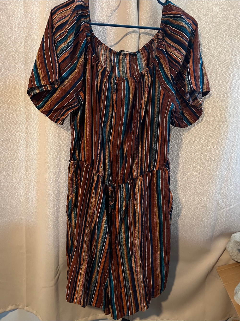 BloomChic Rust Teal Navy Striped Short Sleeve  Romper